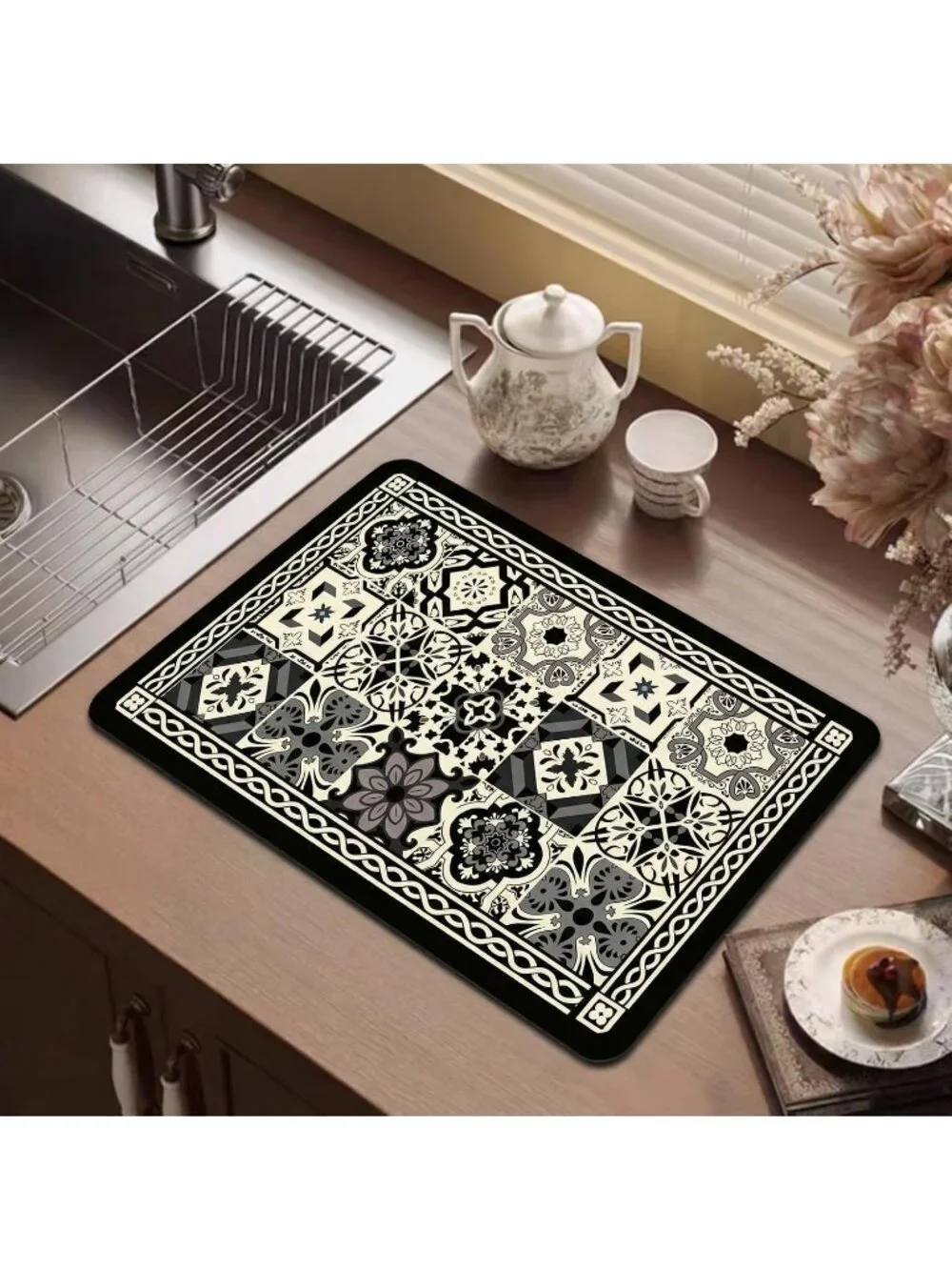 Coffee Bar Mat for Countertop 12 x 19 in Black and White Tile Print